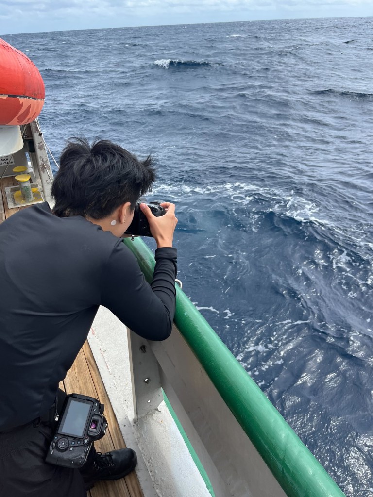 Person wearing black clothes leans over ship's green railing to photograph deep blue ocean waves. Life preserver and camera gear visible. Cloudy sky.