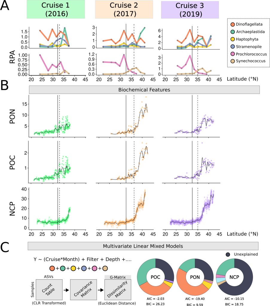 Graphs display data from three research cruises (2016, 2017, 2019) on marine biochemical features against latitude. Section A compares relative abundance of six microbial groups. Section B shows trends in PON, POC, and NCP. Section C presents multivariate models with pie charts illustrating explained and unexplained variance. The tone is scientific.